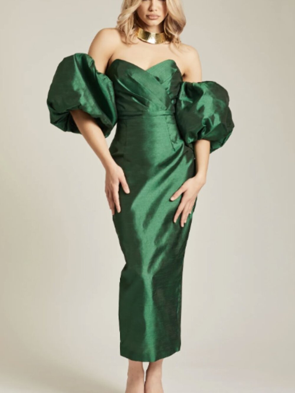 Aliava Tiffany Dupioni Puff Sleeve Maxi Dress (Emerald Green) L
